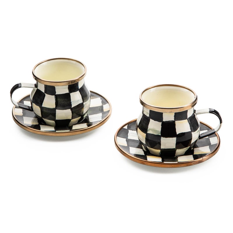 mackenzie childs MACKENZIE-CHILDS Espresso Cup and Saucer Set, Cute Small Coffee Cups and Saucers, Set of 2, Black-and-White Courtly Check - Image 1