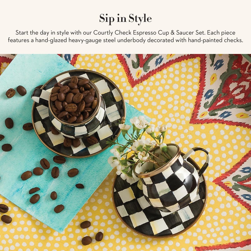 mackenzie childs MACKENZIE-CHILDS Espresso Cup and Saucer Set, Cute Small Coffee Cups and Saucers, Set of 2, Black-and-White Courtly Check - Image 2