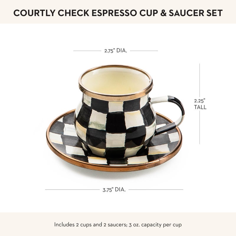 mackenzie childs MACKENZIE-CHILDS Espresso Cup and Saucer Set, Cute Small Coffee Cups and Saucers, Set of 2, Black-and-White Courtly Check - Image 4