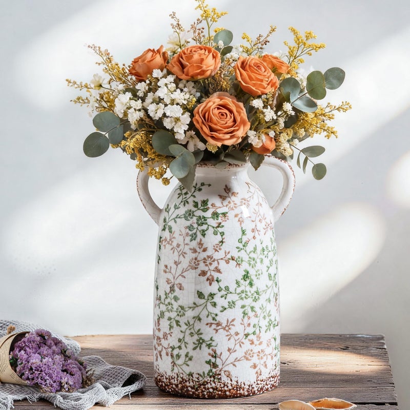 Enra Large Vintage Green and Beige Ceramic Chinoiserie Floral Vase, 11.2 Inch Rustic Decorative Flower Vase for Home, Living Room, Kitchen, or Office â€“ Pastoral Retro Design - Image 1
