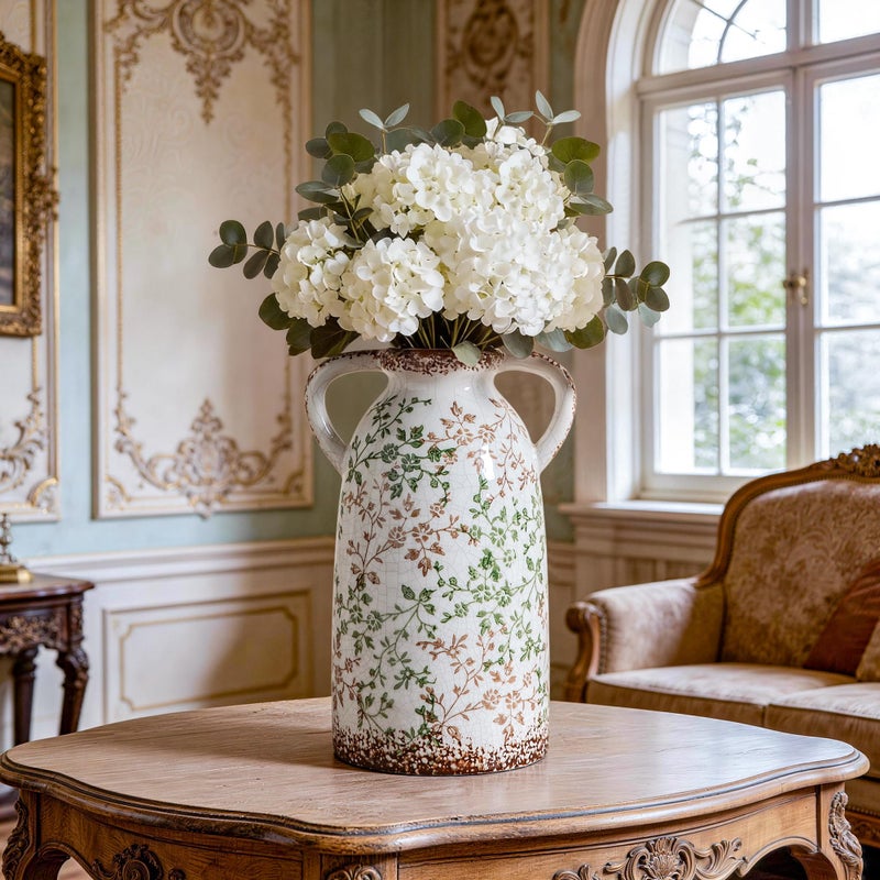 Enra Large Vintage Green and Beige Ceramic Chinoiserie Floral Vase, 11.2 Inch Rustic Decorative Flower Vase for Home, Living Room, Kitchen, or Office â€“ Pastoral Retro Design - Image 4