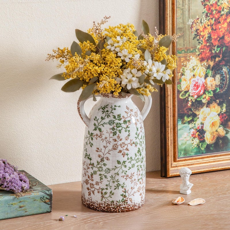 Enra Large Vintage Green and Beige Ceramic Chinoiserie Floral Vase, 11.2 Inch Rustic Decorative Flower Vase for Home, Living Room, Kitchen, or Office â€“ Pastoral Retro Design - Image 5