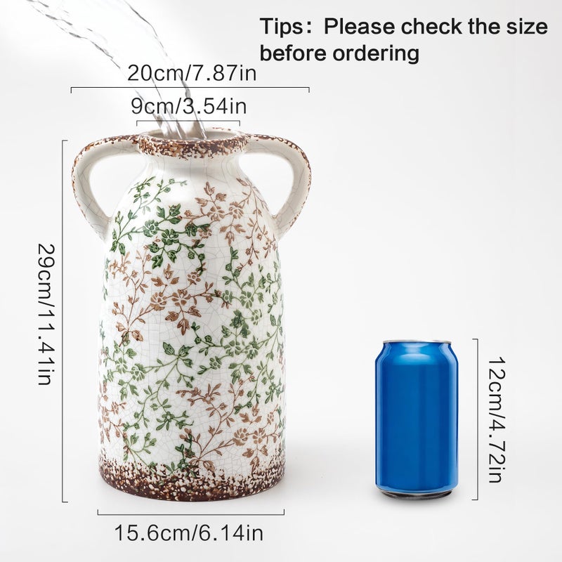Enra Large Vintage Green and Beige Ceramic Chinoiserie Floral Vase, 11.2 Inch Rustic Decorative Flower Vase for Home, Living Room, Kitchen, or Office â€“ Pastoral Retro Design - Image 2