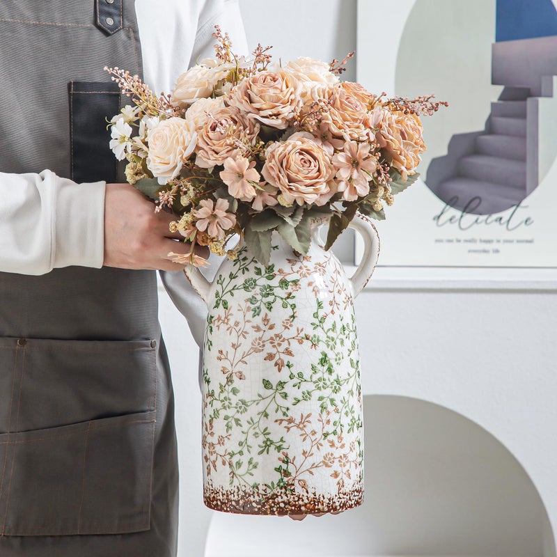 Enra Large Vintage Green and Beige Ceramic Chinoiserie Floral Vase, 11.2 Inch Rustic Decorative Flower Vase for Home, Living Room, Kitchen, or Office â€“ Pastoral Retro Design - Image 3