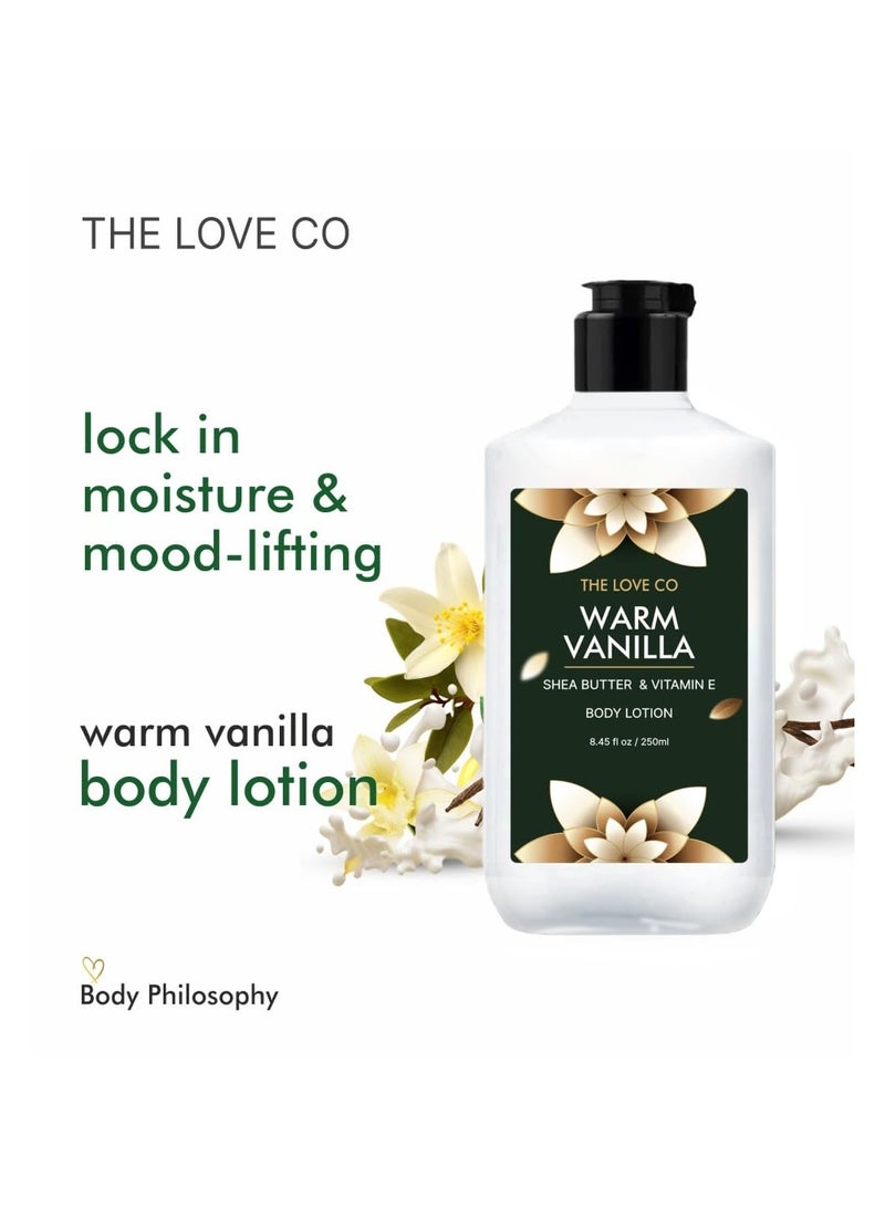 ذا لوف كو. لوشن الجسم بالفانيليا الدافئة - 250 مل - كريم مرطب مغذي للبشرة الجافة - مناسب للرجال والنساء مع زيت الجوجوبا وزبدة الشيا وفيتامين هـ - Image 2