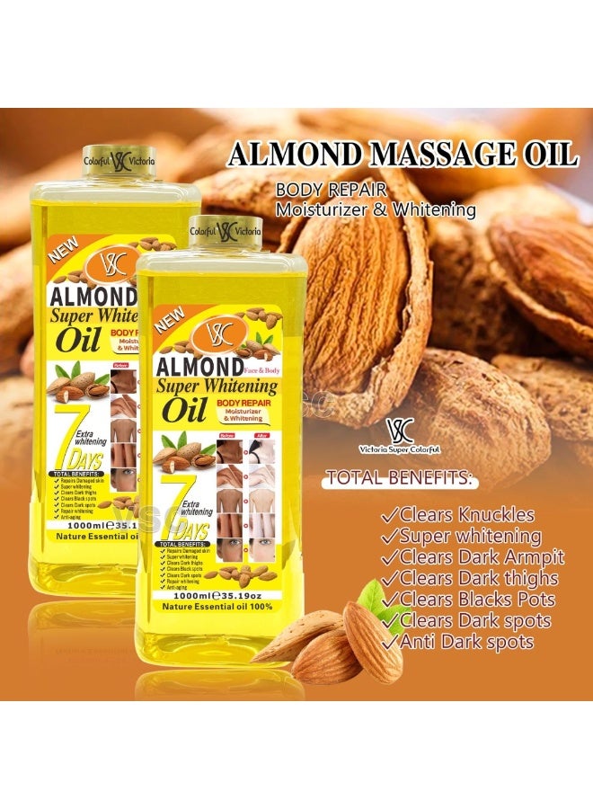 VSC زيت اللوز الفائق للتفتيح 1000 مل لتجديد وترطيب الجسم وزيت تفتيح الإبطين الداكنة والفخذين والمفاصل الداكنة والبقع السوداء وزيت إصلاح مضاد للشيخوخة 100% زيت أساسي نقي للوجه والجسم - Image 2