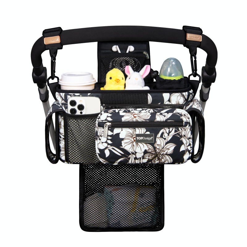 TOPDesign Universal Baby Stroller Organizer Stroller Caddy with Detachable Mesh Bag Heightened Insulated Cup Holders NonSlip Secure Hooks Accessories Fits Most Strollers Morning Glory - Image 2