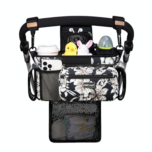 TOPDesign Universal Baby Stroller Organizer Stroller Caddy with Detachable Mesh Bag Heightened Insulated Cup Holders NonSlip Secure Hooks Accessories Fits Most Strollers Morning Glory - Image 1