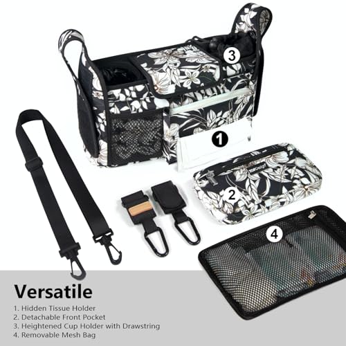 TOPDesign Universal Baby Stroller Organizer Stroller Caddy with Detachable Mesh Bag Heightened Insulated Cup Holders NonSlip Secure Hooks Accessories Fits Most Strollers Morning Glory - Image 3