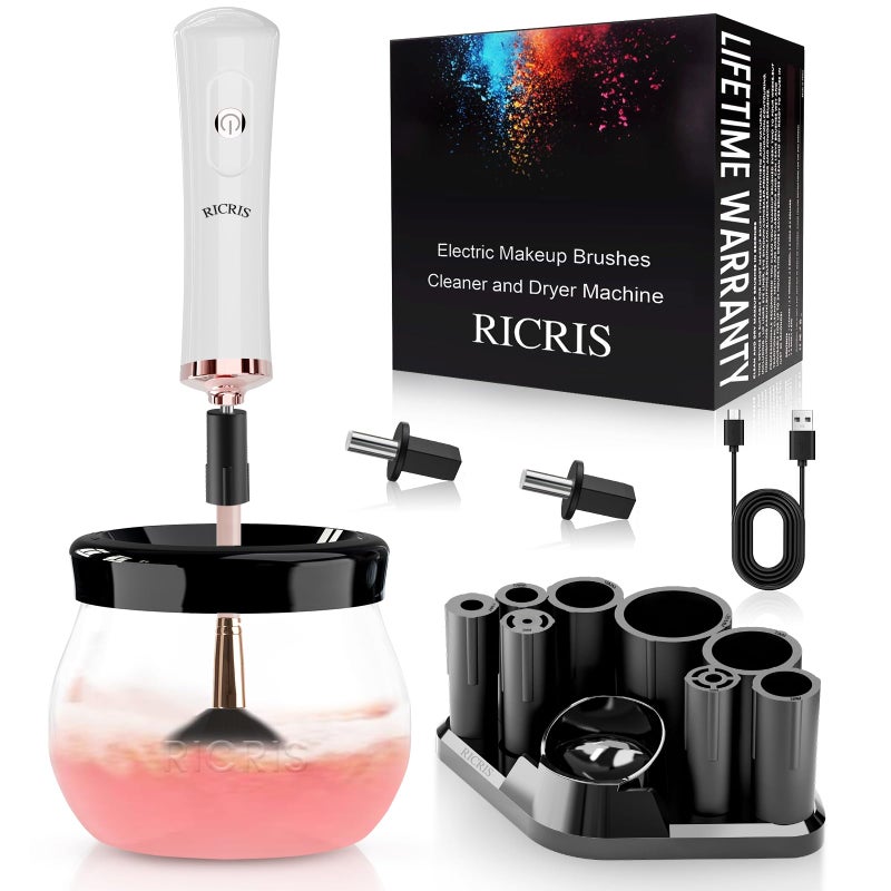 RICRIS Premium Makeup Brush Cleaner Dryer SuperFast Electric Brush Cleaner Machine Automatic Brush Cleaner Spinner Makeup Brush Tools White
