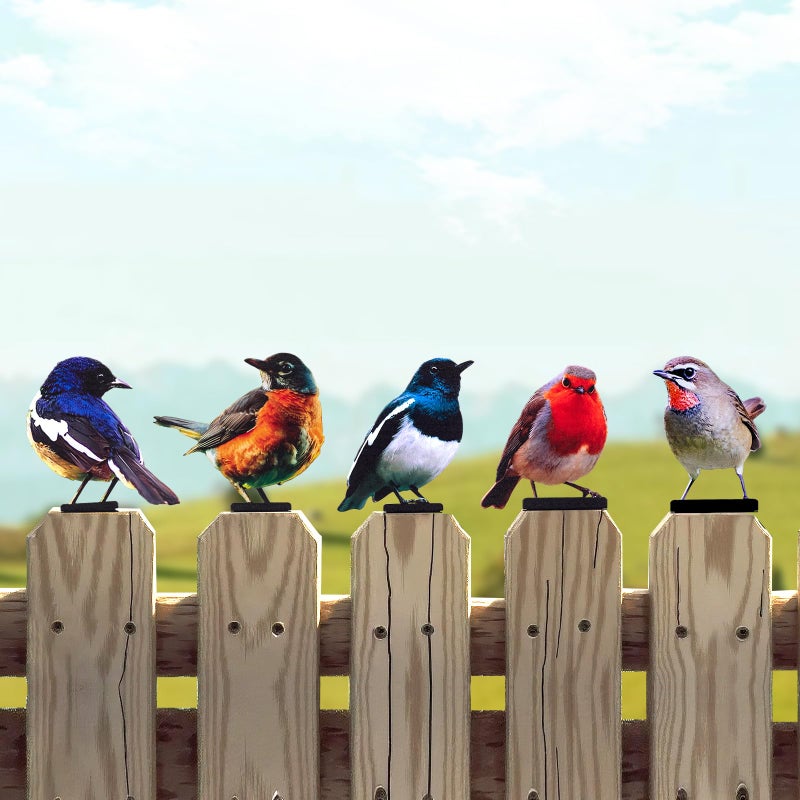 HUYIENO 5PCS Vivid Metal Birds Fence Decor Color Painted Outdoor Garden Natural Bird 2D Sculptures for Outdoor Fences, Patio, Garden and Bird Lovers - Image 1
