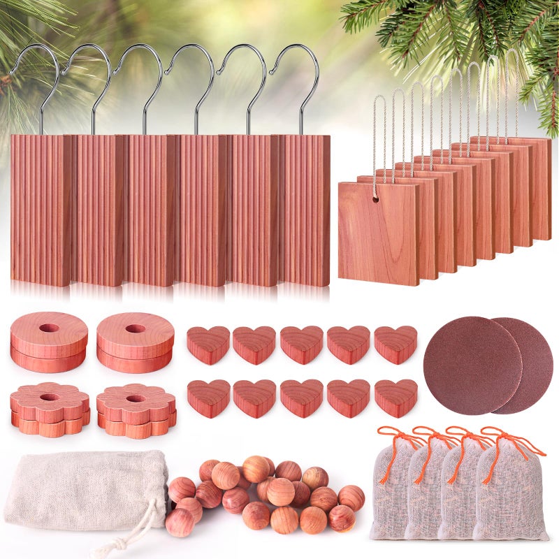 Woodever Cedar Blocks for Clothes Storage 56 Pcs 100 Aromatic Planks with Metal Hooks Cedar Wood Chips and Balls for Closets and Drawers Fresh Scented Sachets