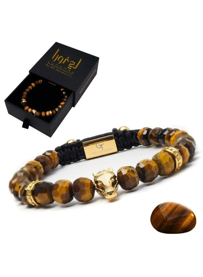 لونورا سوار خرز من حجر عين النمر الطبيعي مصنوع يدويًا مع حصان عربي ذهبي – سوار للرجال، سوار رجالي، هدية للرجال، أساور للرجال – طبيعي 100% وقابل للتعديل بمقاس واحد للجميع