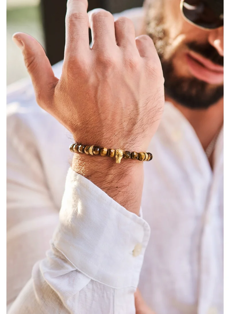 لونورا سوار خرز من حجر عين النمر الطبيعي مصنوع يدويًا مع حصان عربي ذهبي – سوار للرجال، سوار رجالي، هدية للرجال، أساور للرجال – طبيعي 100% وقابل للتعديل بمقاس واحد للجميع