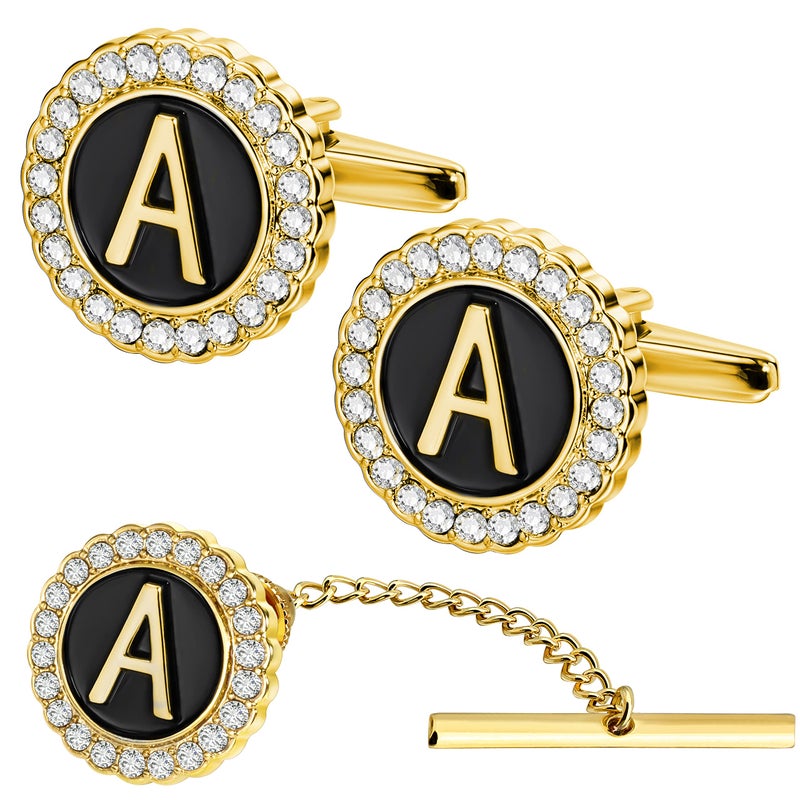HAWSON Cufflinks and Tie Tack for men Gold, Gold Cufflinks Crystal with Lapel Pins for Men's Women, Tie Tack with Chain on Neck Tie Wedding Business Accessories - Image 1