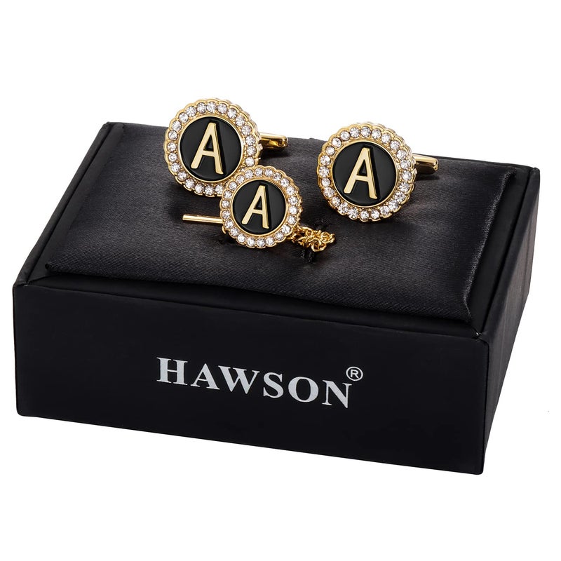 HAWSON Cufflinks and Tie Tack for men Gold, Gold Cufflinks Crystal with Lapel Pins for Men's Women, Tie Tack with Chain on Neck Tie Wedding Business Accessories - Image 2