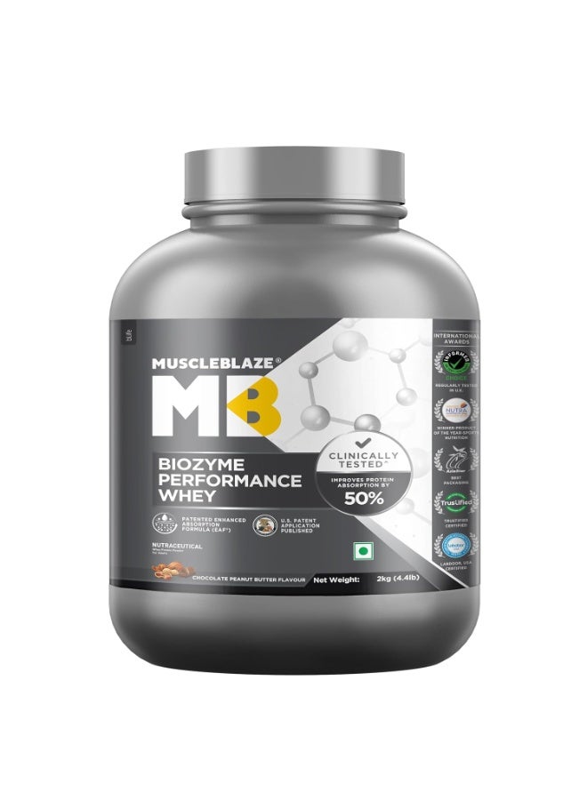 مسل بلايز مسحوق بروتين مصل اللبن MuscleBlaze Biozyme Performance، بنكهة الشوكولاتة وزبدة الفول السوداني (2 كجم / 4.4 رطل) | 25 جم بروتين لكل مكيال | مثبت سريرياً: امتصاص بروتين أعلى بنسبة 50% - Image 1