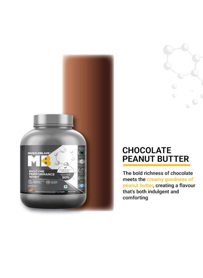 مسل بلايز مسحوق بروتين مصل اللبن MuscleBlaze Biozyme Performance، بنكهة الشوكولاتة وزبدة الفول السوداني (2 كجم / 4.4 رطل) | 25 جم بروتين لكل مكيال | مثبت سريرياً: امتصاص بروتين أعلى بنسبة 50% - Image 2