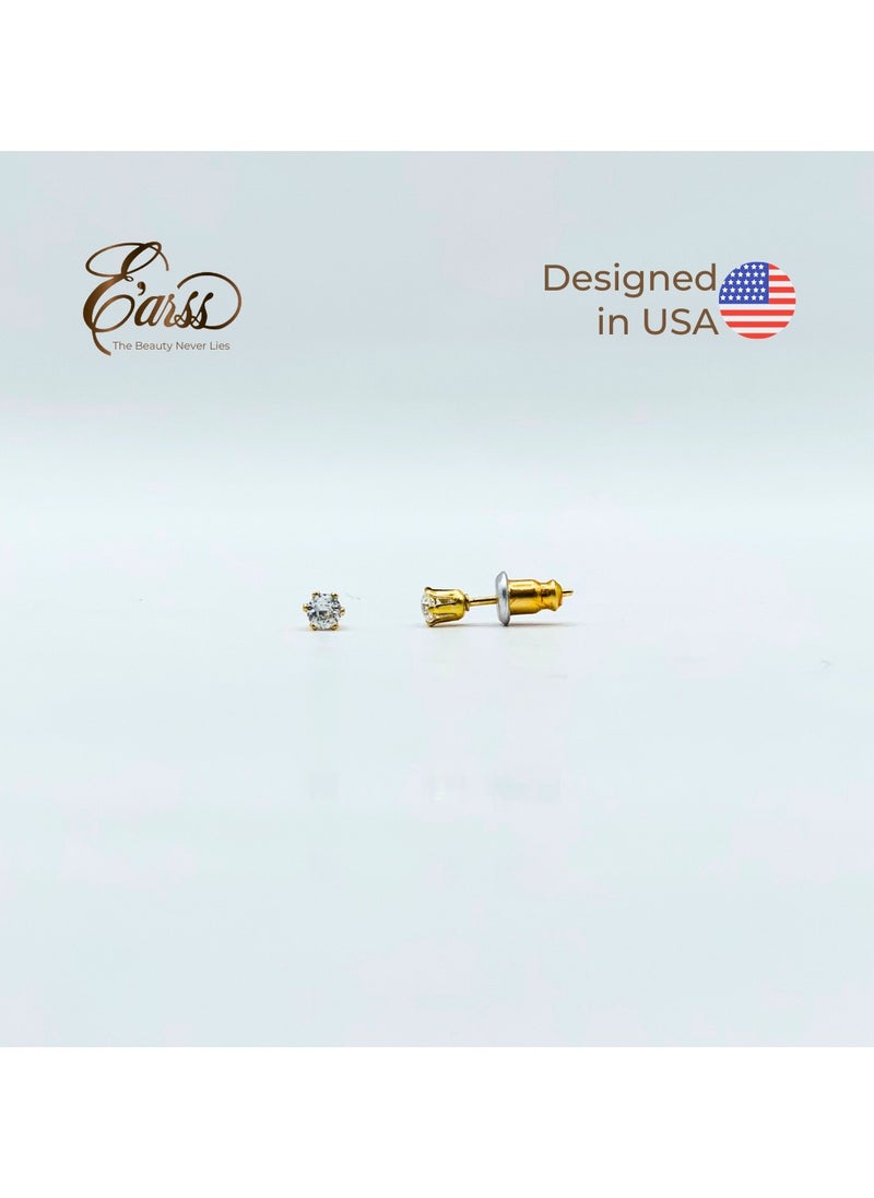 Earss 3 Mm Cubic Zirconia Round | Stainless Steel | 18K Gold Plated  - Image 2