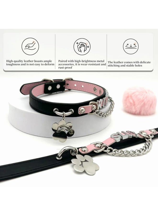 EverGlimp Adjustable PU Leather Letter Choker Collar Necklace For Women, Handmade Cute Black and Pink Kitten Themed Necklace, Fashionable Goth Punk Accessories for Daily Wear and Cosplay Parties - Image 5