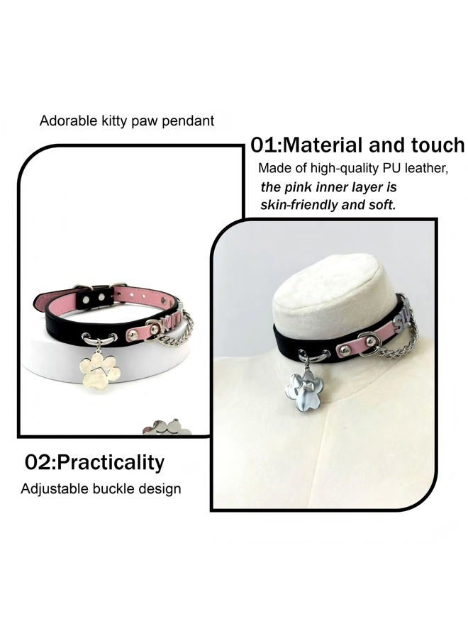 EverGlimp Adjustable PU Leather Letter Choker Collar Necklace For Women, Handmade Cute Black and Pink Kitten Themed Necklace, Fashionable Goth Punk Accessories for Daily Wear and Cosplay Parties - Image 4