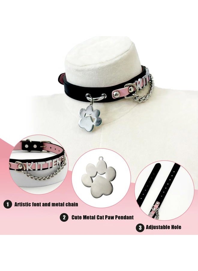 EverGlimp Adjustable PU Leather Letter Choker Collar Necklace For Women, Handmade Cute Black and Pink Kitten Themed Necklace, Fashionable Goth Punk Accessories for Daily Wear and Cosplay Parties - Image 3