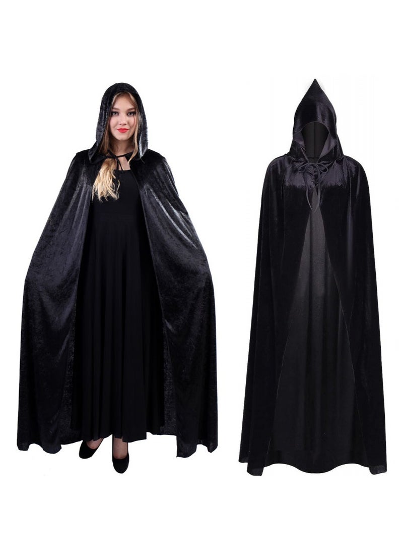 TAPIT 150cm Velvet Hooded Cape for Adults, Unisex Halloween Cloak for Devil Witch Wizard Halloween Christmas Cosplay (Black) - Image 1