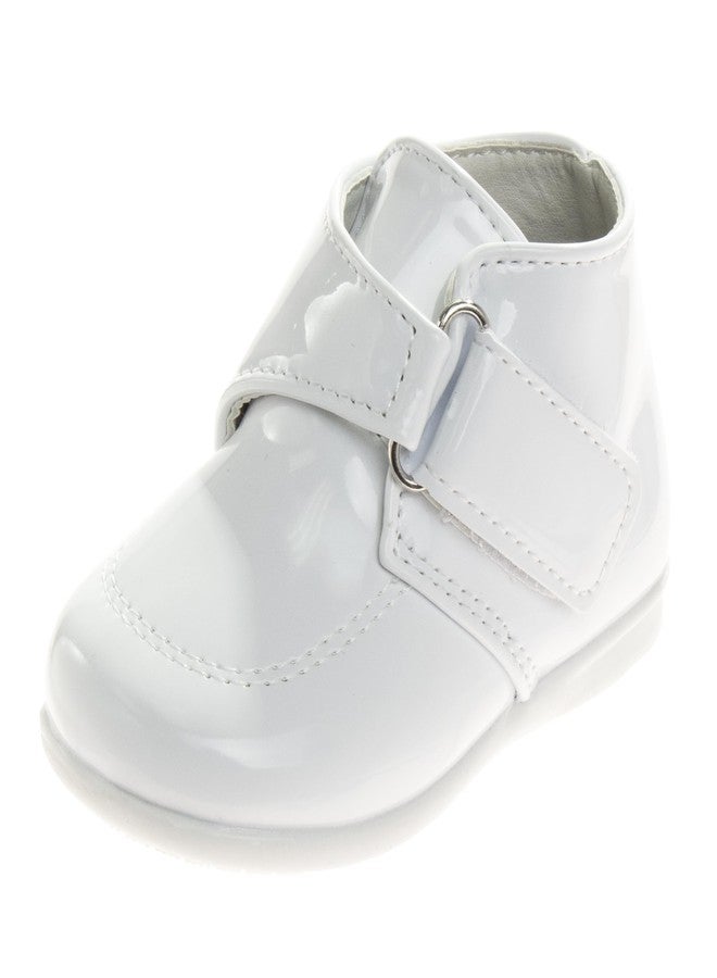 Josmo Baby Boy Girl First Walking Shoes Classic Boots Soft Leather Formal Crib Shoes 4 Infant White Patent - Image 1