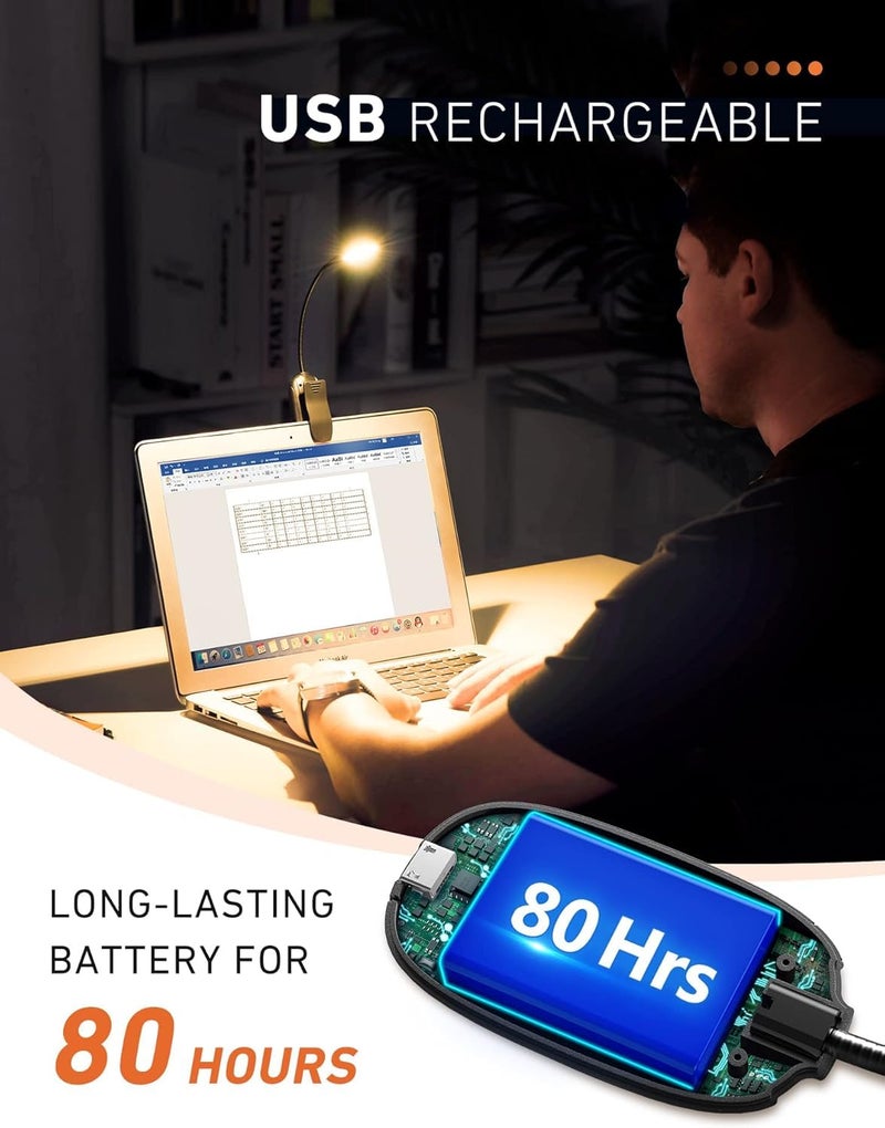 XERGY Book Lights for Reading at Night in Bed, 80 Hours Runtime Rechargeable Reading Lights for Books in Bed, 3 Brightness Levels × 3 Color Temperatures, Lightweight - Image 3