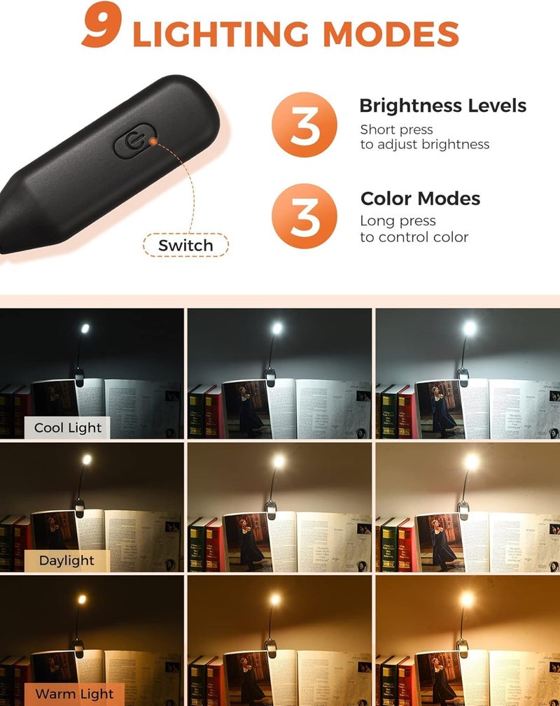 XERGY Book Lights for Reading at Night in Bed, 80 Hours Runtime Rechargeable Reading Lights for Books in Bed, 3 Brightness Levels × 3 Color Temperatures, Lightweight - Image 2