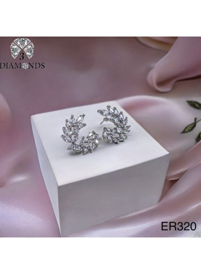 3Diamonds Platinum & Rhodium Plated Half Hoop Earrings with Cubic Zirconia Leaf Design - Image 2