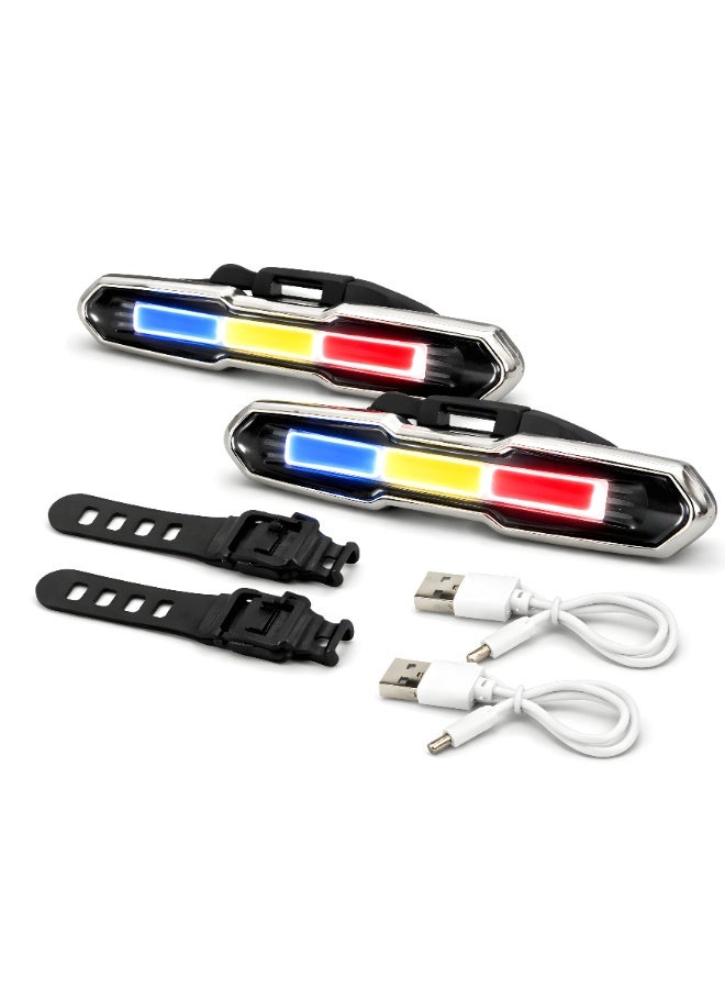 Fukukawa 2 PCS Rechargeable Bicycle LED Light USB Waterproof Bike Front and Rear Light Red Blue White Safety Warning Light with Mount Strap - Image 2