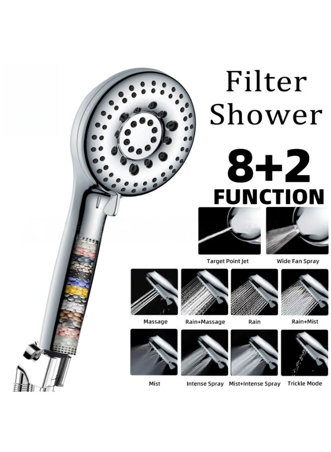 رأس دش، 8 وظائف + 2 رأس دش عالي الضغط مع يد، وضع إيقاف مؤقت مدمج و 2 غسيل قوي، فوهات غير مسدودة رأس دش يدوي عالي التدفق - Image 1