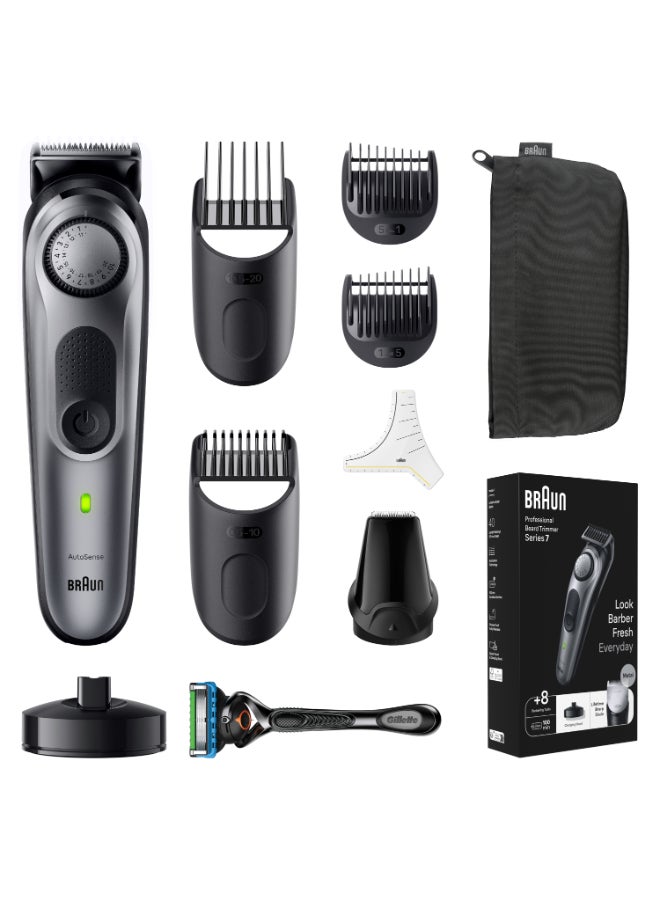 BRAUN Series 7 Men's Beard Trimmer with Best PRO Blade, 40 Adjustable Lengths, Beard Template, Cordless Waterproof Design Silver/Black - Image 1
