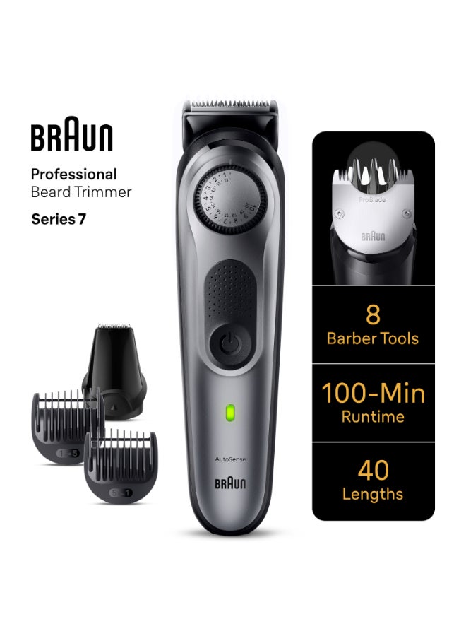 BRAUN Series 7 Men's Beard Trimmer with Best PRO Blade, 40 Adjustable Lengths, Beard Template, Cordless Waterproof Design Silver/Black - Image 4