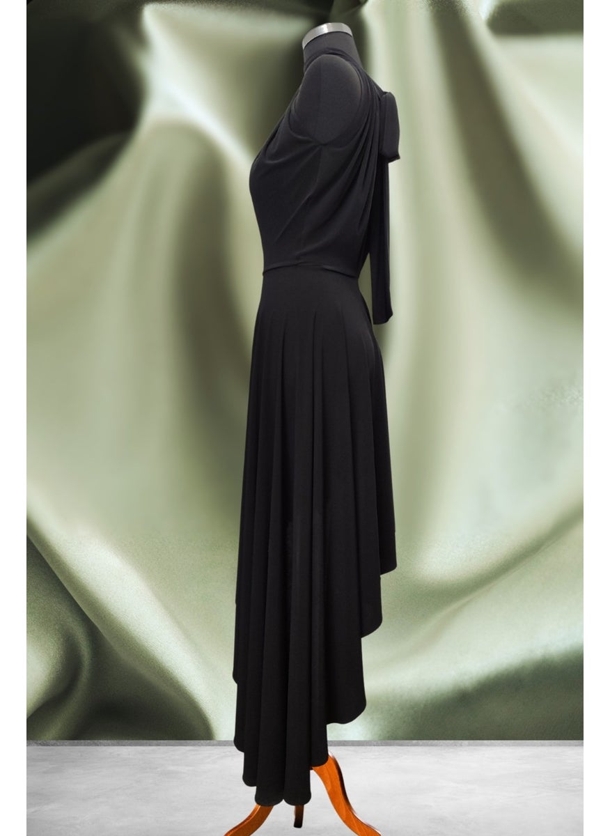 Due Stelle Black Asymmetrical Skirted Backless Flared Dress  - Image 4