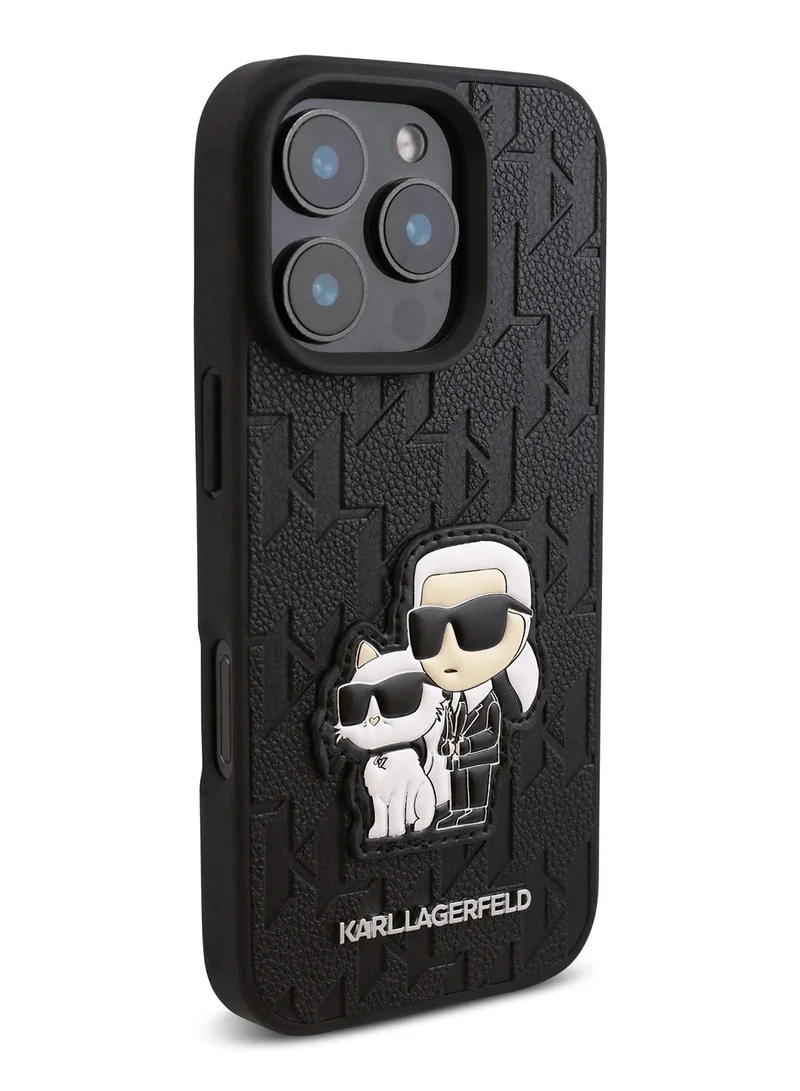 Karl Lagerfeld iPhone 16 Pro Case PU Monogram Karl & Choupette Patch Hard Cover / Shock Absorption/ Drop Protection/ Anti-Scratch/ Comfortable Grip/ Easy Snap On - Black