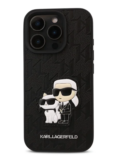 Karl Lagerfeld iPhone 16 Pro Case PU Monogram Karl & Choupette Patch Hard Cover / Shock Absorption/ Drop Protection/ Anti-Scratch/ Comfortable Grip/ Easy Snap On - Black