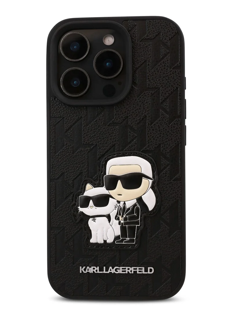 Karl Lagerfeld iPhone 16 Pro Case PU Monogram Karl & Choupette Patch Hard Cover / Shock Absorption/ Drop Protection/ Anti-Scratch/ Comfortable Grip/ Easy Snap On - Black
