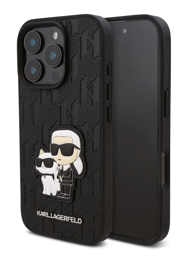 Karl Lagerfeld iPhone 16 Pro Case PU Monogram Karl & Choupette Patch Hard Cover / Shock Absorption/ Drop Protection/ Anti-Scratch/ Comfortable Grip/ Easy Snap On - Black