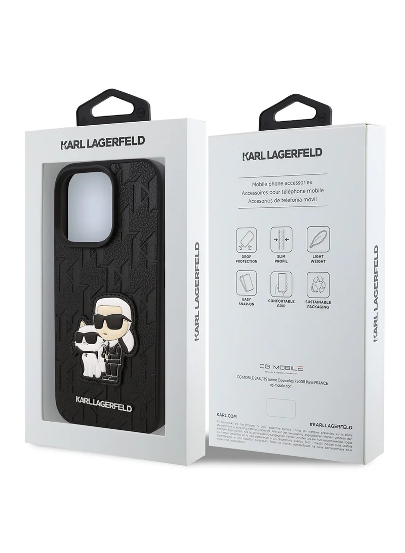 Karl Lagerfeld iPhone 16 Pro Case PU Monogram Karl & Choupette Patch Hard Cover / Shock Absorption/ Drop Protection/ Anti-Scratch/ Comfortable Grip/ Easy Snap On - Black