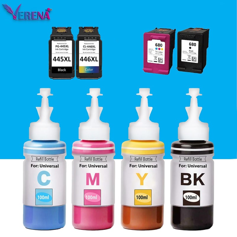 Verena Refill Kit Compatible for Canon Pixma E470, E470, E477, E400, E410, E417, E560, E3370, E4570, MG2577S Printers Cartridges (4Colour & 4Syring) - Image 2