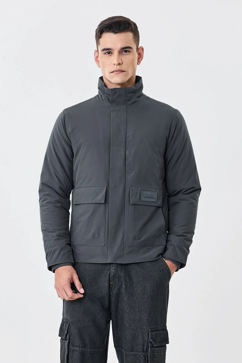 Snitch Grey Double Pocket High Neck Zipper Jacket for Men | Best Price UAE