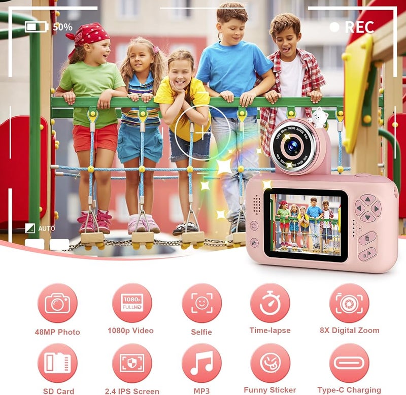 Makolle Rawrr Kids Digital Camera, Pink, 8 Megapixels, 1080p Video, 32 GB Memory, Child (3-8 Years), Compact, Auto Focus, Optical Zoom 8x, OLED Display 2.4 Inches, USB, Pink - Image 2