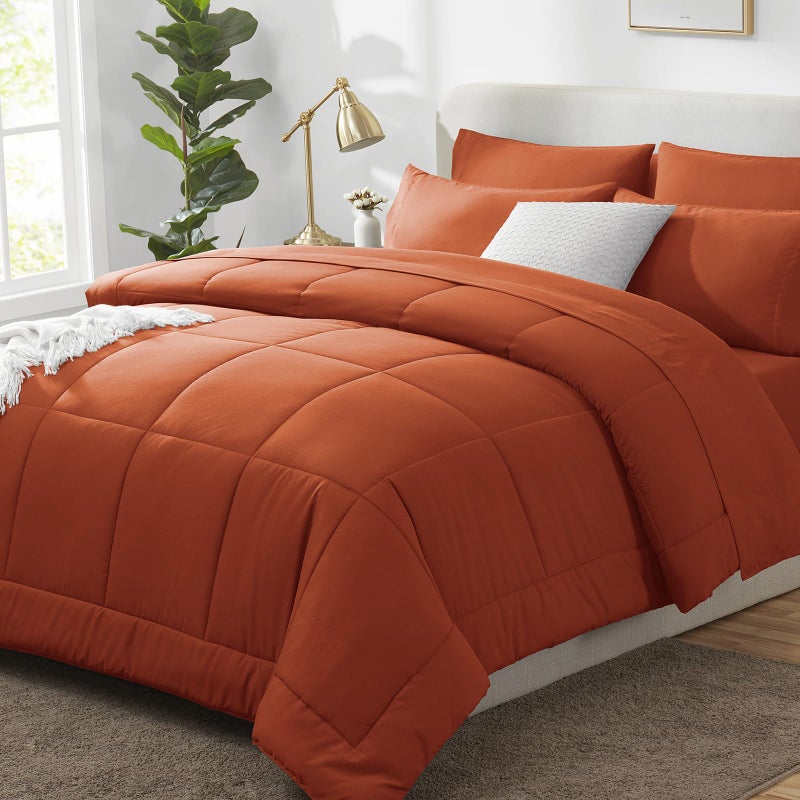 CozyLux Full Size Comforter Set - 7 Pieces Bed in a Bag Set Burnt Orange, Bedding Sets Full with All Season Quilted Comforter, Flat Sheet, Fitted Sheet, Pillowcases, Terracotta, Full - Image 1