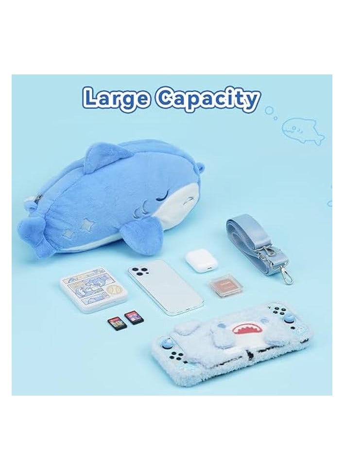 PROMASS Cute Plush Switch Carrying Case Compatible with Nintendo Switch/OLED,Portable Crossbody Bag Travel Bag with A Removable Shoulder Strap - Shark Party - Image 3