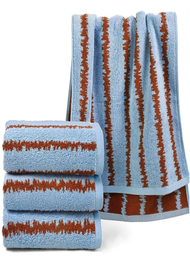 Cleanbear Blue Hand Towels for Bathroom, 4 Pack 100% Cotton Soft, Quick Dry & Lightweight Face Towels, 13.5"x28", Zigzag Stripes, Absorbent Cotton Towels for Home & Travel Use - Image 1