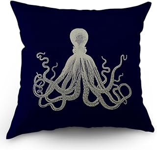 Moslion Octopus Pillow Case,Cute White Giant Octopus on Dark Blue Background Throw Pillow Case 18" x 18" Inch Cotton - Image 1