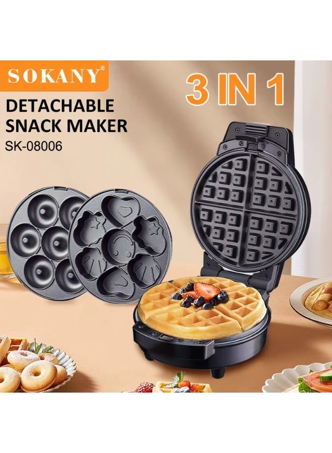 sokany 3-in-1 Waffle Maker – Non-Stick Multi Snacks Maker with Waffle, Donut & Cartoon Cake Plates, Detachable Plates, 600W, SK-08006 – Easy to Clean & Perfect for Breakfast & Snacks - Image 1