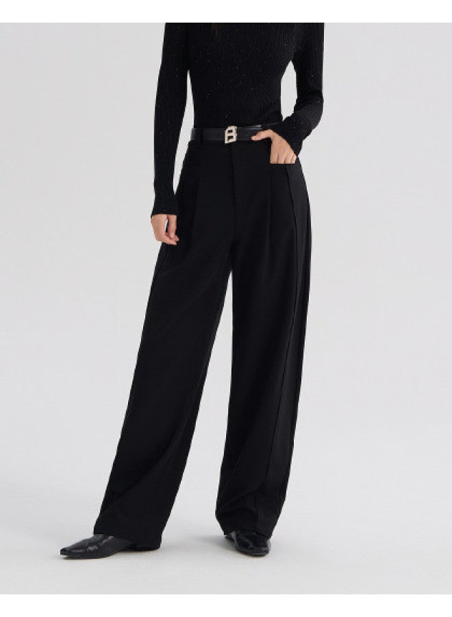 Waxbird High-waisted Casual Pants, Curved Knife Pants, 2025 Spring, Black, Loose, Slimming, Warm, Suit Pants - Image 1
